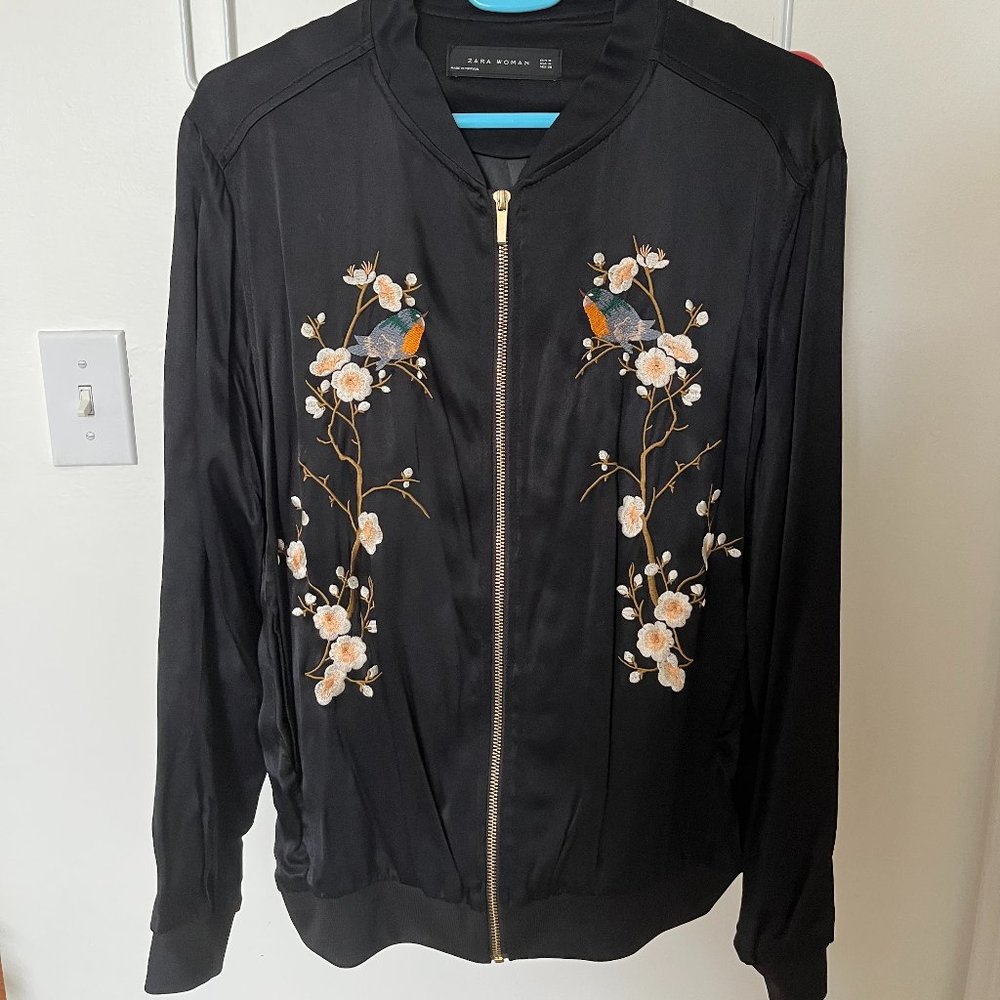 Satin Zara Embroidered Bomber Jacket with Birds
